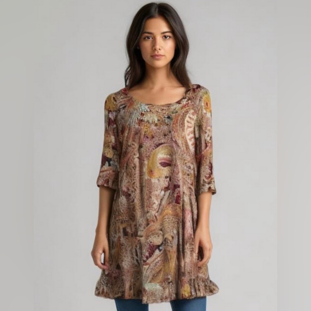 Dressing Gaudy Paisley Print 3/4 Sleeve with ruffled‎ detail Size Small Dress